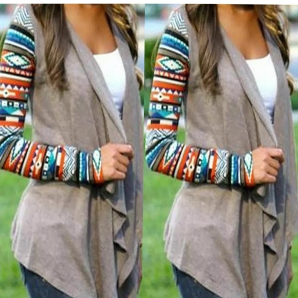 LAST 1! Waterfall Cardigan with Aztec Print Sleeves - Picture 2 of 4